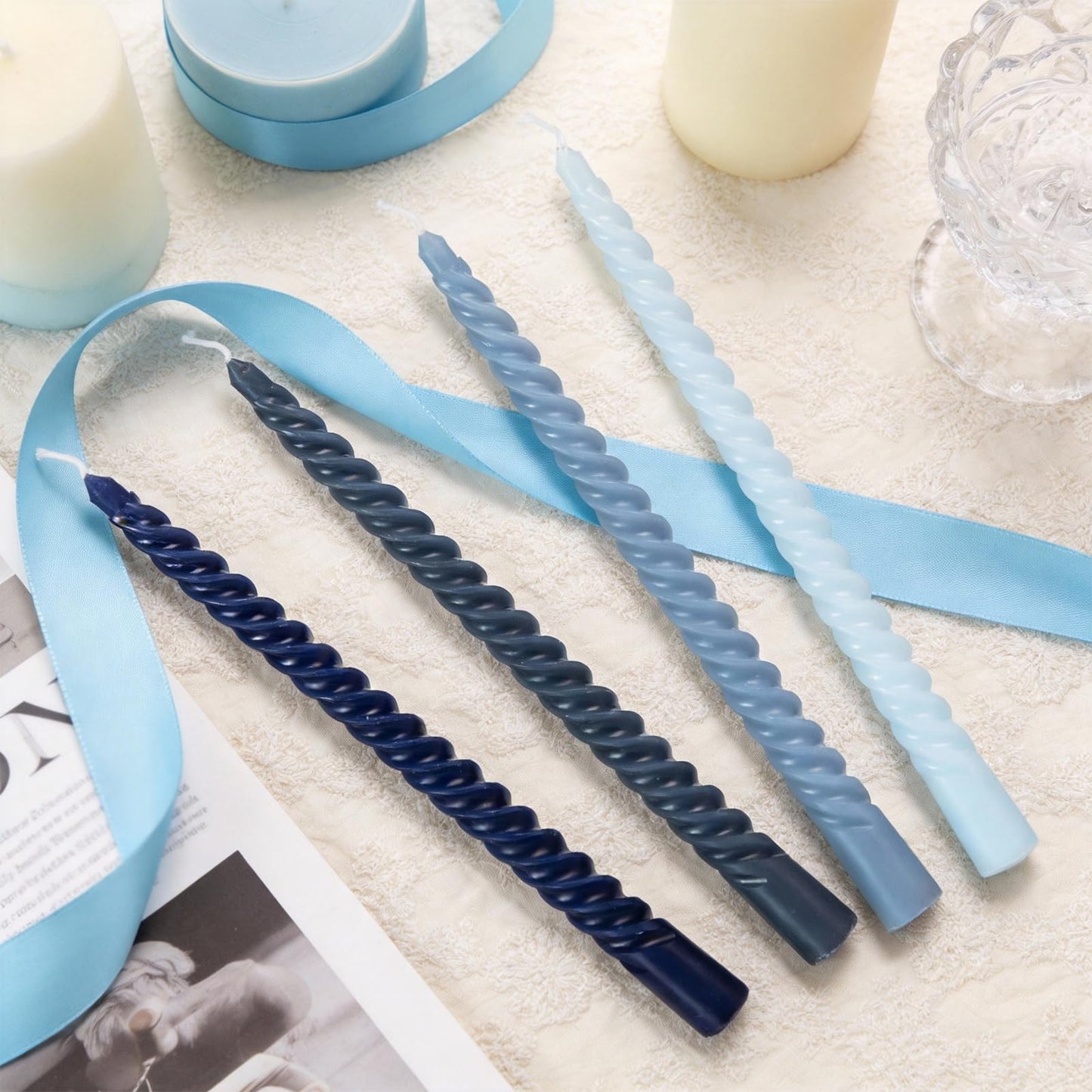Blue Spiral Taper Candles, 10 inch Gradient Twisted Candles,4 Pack Unscented and Smokeless Long Burning Candles with Cotton Wicks,Tall Candlesticks,Ideal for Weddings, Dinner Parties, and Home Décor
