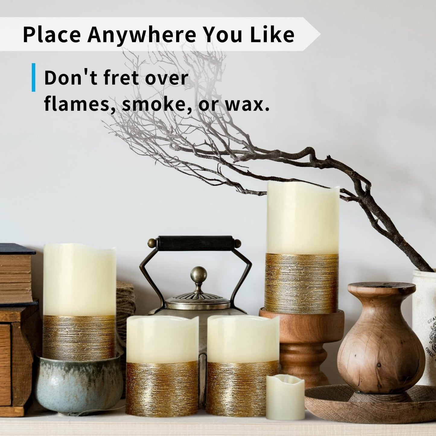 FURORA LIGHTING Gold Trim Flameless Candles - Real Wax, Adjustable Brightness, Remote & Timer - 4 Pillars (3x4, 3x6) and 4 Votives, 8-Pack, Battery Operated