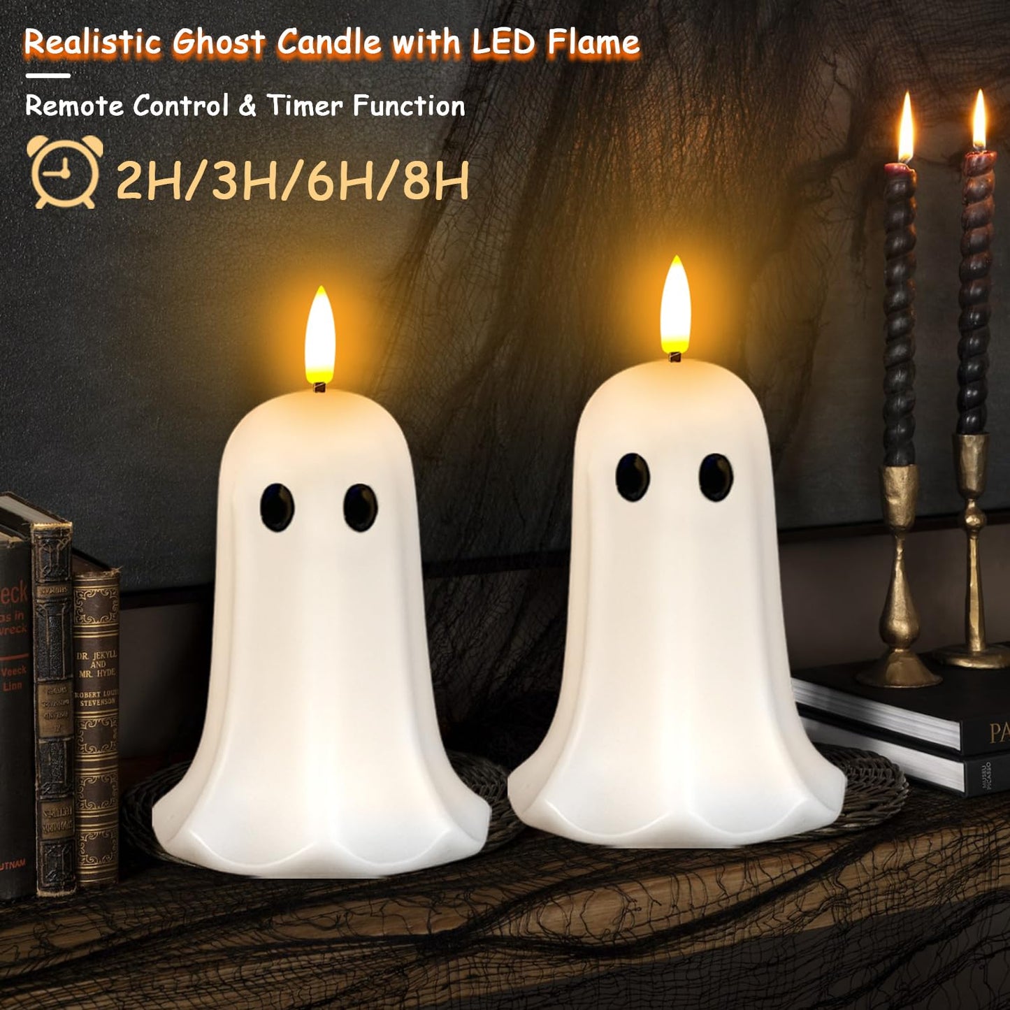ilifemate Halloween Ghost Candle Lights 2 Pack with Remote, Battery Operated LED Flameless Candle Ghosts with Timer, Spooky Halloween Decorations for Indoor Outdoor Table, Mantel & Party Decor