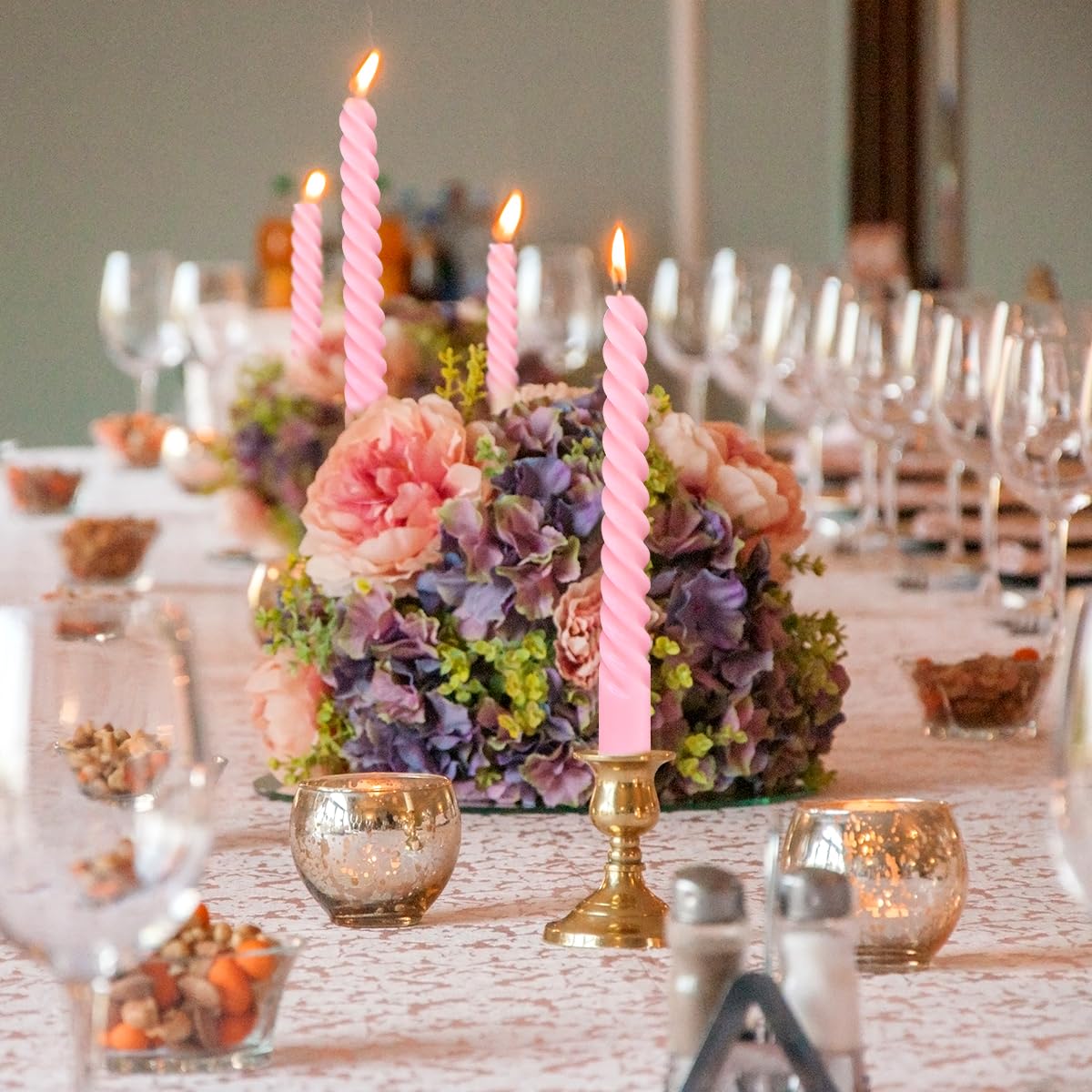 10 Inch 3 Pink and 3 White Spiral Taper Candle Set, Unscented Dripless Candlesticks for Wedding, Holiday Décor, and Festive Dinners