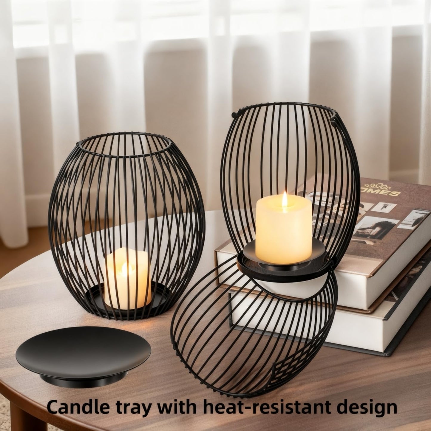 Black Candle Holder Set – Modern Metal Wire Black Candlestick Holders for Pillar Candles, Decorative Round Cage Candle Lanterns for Table, Shelf, or Home Décor