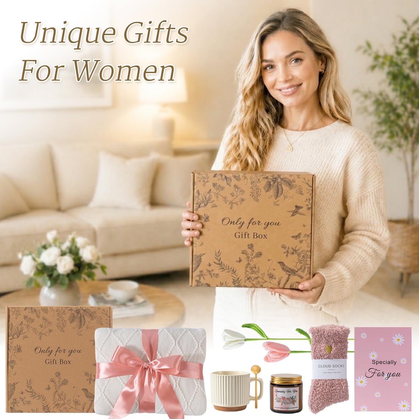 WEERRW Birthday Gifts for Women, Get Well Soon Self Care Package Box Baskets for Women, Hug in a Box with Blanket, Thinking of You Unique Sympathy Gifts for Mom Sister and Girlfriend, Pink