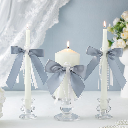 Conelist 3 Pcs Unity Candles for Wedding with Satin Bow and Glass Candle Holder Coquette Unity Pillar and Taper Candles Set Wedding Ceremony Reception Decor for Formal Events Church(Dusty Blue)