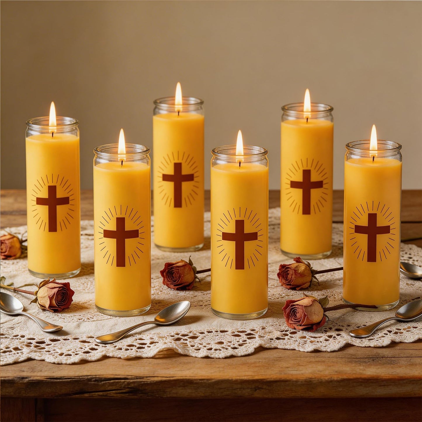 Trxvxo 6 Pack Pure Beeswax Prayer Candles, Devotional Candles in Safe Blown Glass Jars with Cross, Long‑Burning Smokeless Honey Scent Catholic Candles for Vigil, Church & Memorials