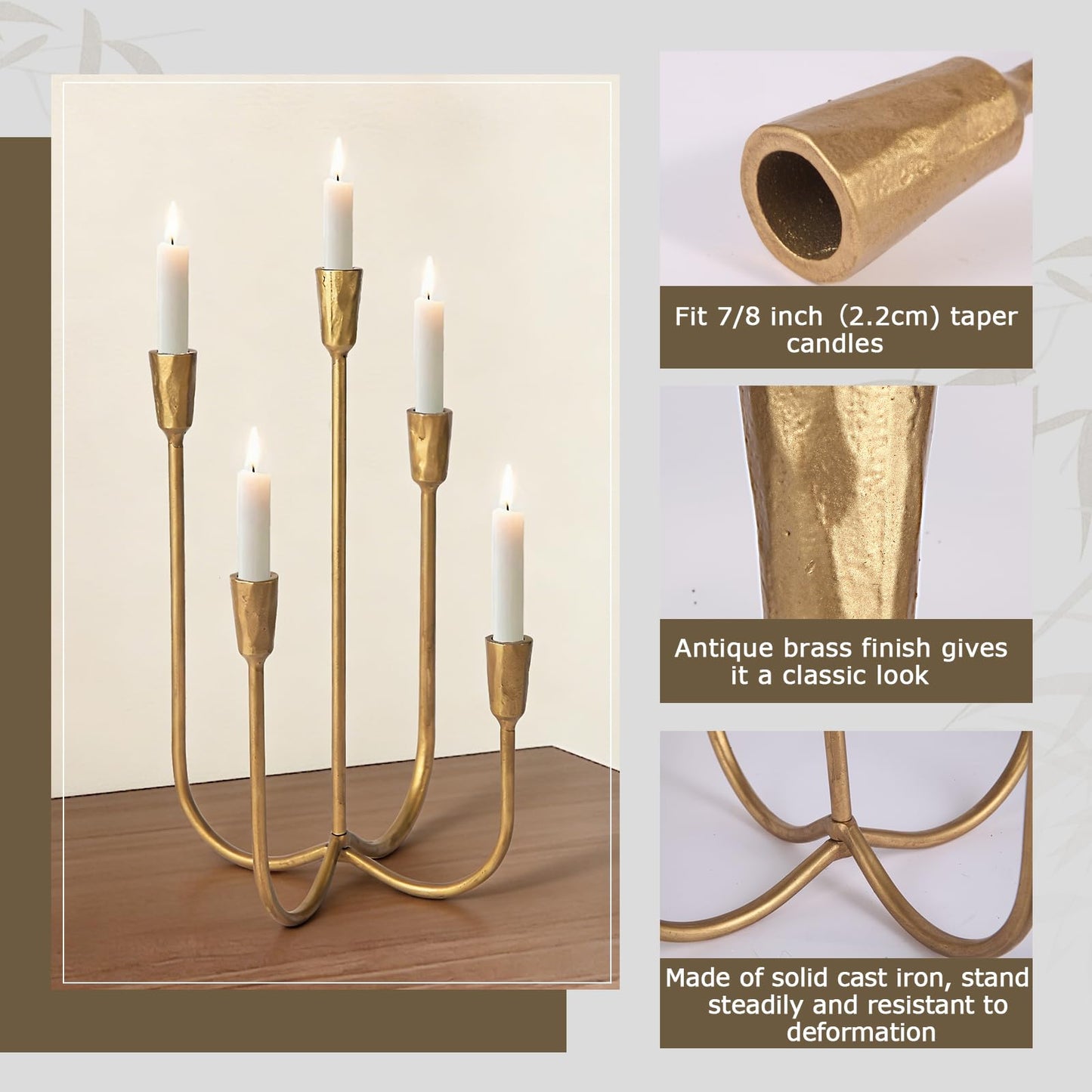 Cast Iron 5-Candle Candelabra Centerpieces for Tables, Gold Candle Holders Wedding Event 17.6 inch Tall Hand-Forged Candlestick Holders for Dining Room, Living Room or Mantel
