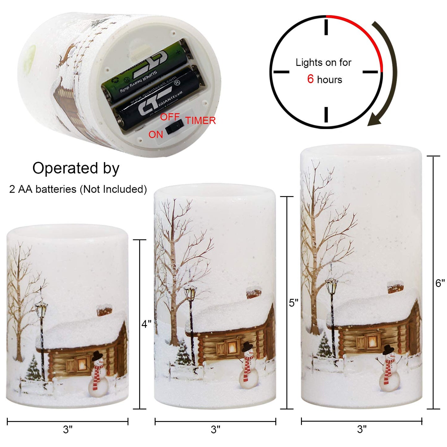 Eldnacele Snowman Christmas Deco Flameless Flickering Candles with Automatical Daily Cycle Timer, White Battery-Operated LED Pillar Candles Snowman Decals 3 Pack (D3” x H 4” 5” 6”)