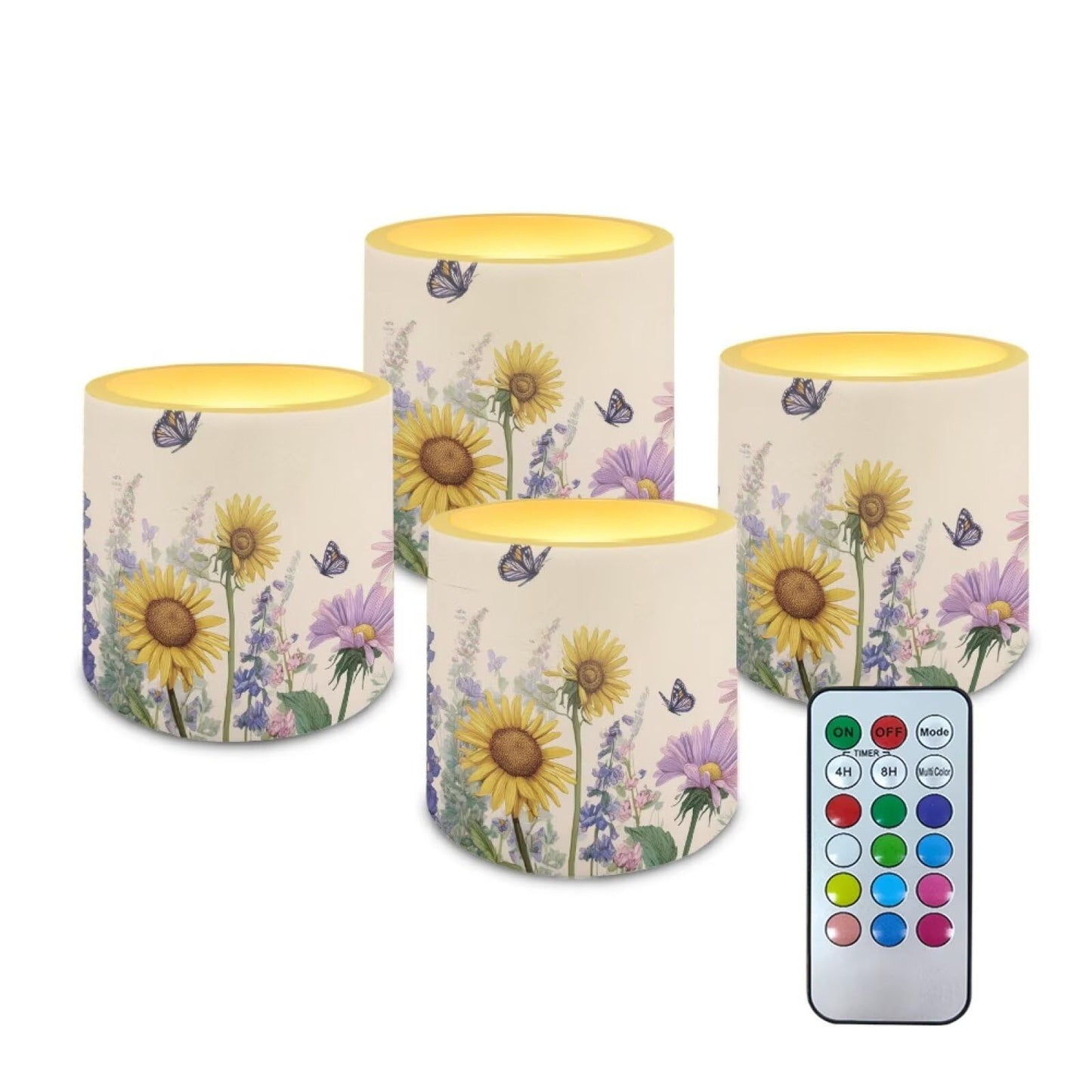 Cozeyat Sunflower Butterfly Waterproof LED Candles Set of 4 Battery Operated Flameless with Remote Timer Dancing Flame Pillar Candles for Indoor Outdoor Use