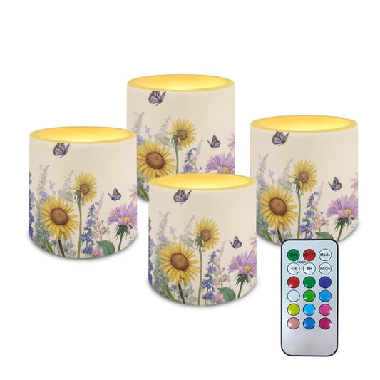 Cozeyat Sunflower Butterfly Waterproof LED Candles Set of 4 Battery Operated Flameless with Remote Timer Dancing Flame Pillar Candles for Indoor Outdoor Use