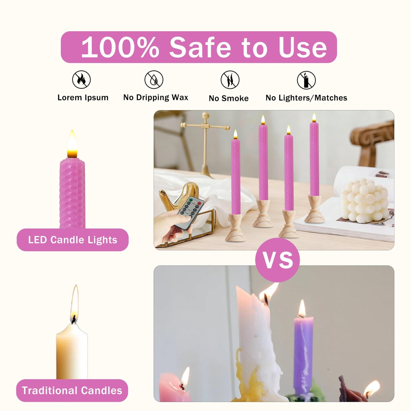 Gedengni Beeswax Honeycomb Flameless LED Taper Candles, 9.5 Inch Flickering Wax Candles with Remote & Timer, Pink Battery Operated Dripless Tapered Candle for Home Wedding Decor, 4 Pack