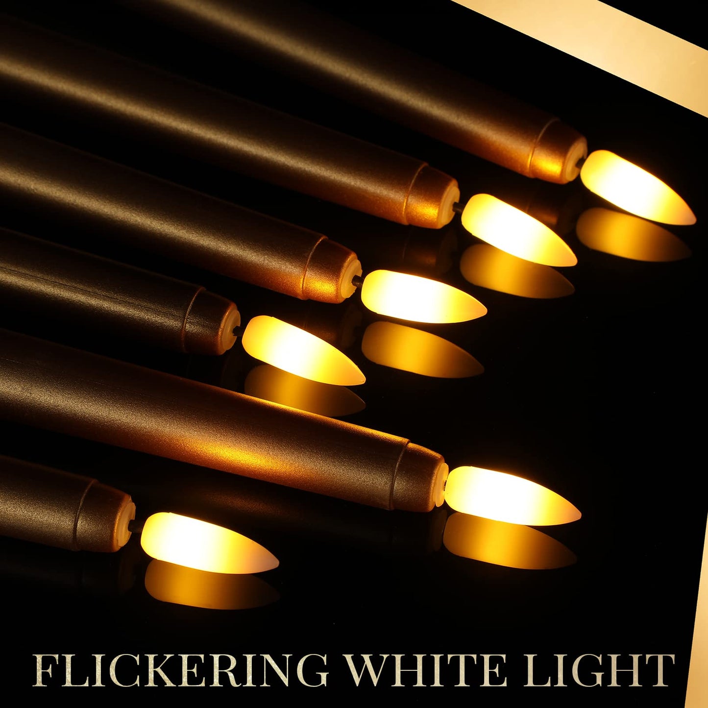 Macarrie 24 Packs Flameless Taper Candles Battery Operated Fake 11 Inch Long Candlelight LED Flameless Candlesticks Flickering Tapered for Spring Summer Wedding(Gold)