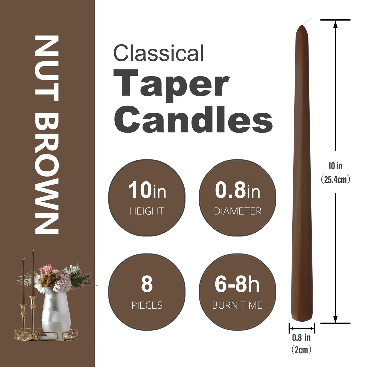 8 Pack 10 Inch Nut Brown Taper Candles for Dinner Home Decor Wedding Shower