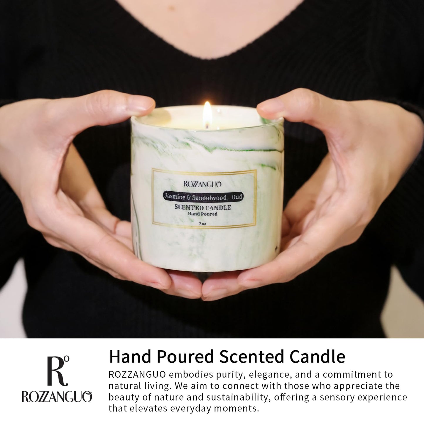 Rozzanguo Luxury Marble Jar Scented Candle | Women Men | Non Toxic 100% Natural Coconut & Soy Wax Blend Cotton Wick | Hand Poured Highly Scented Long Lasting (Jasmine & Sandalwood, Oud, 7 Ounces)