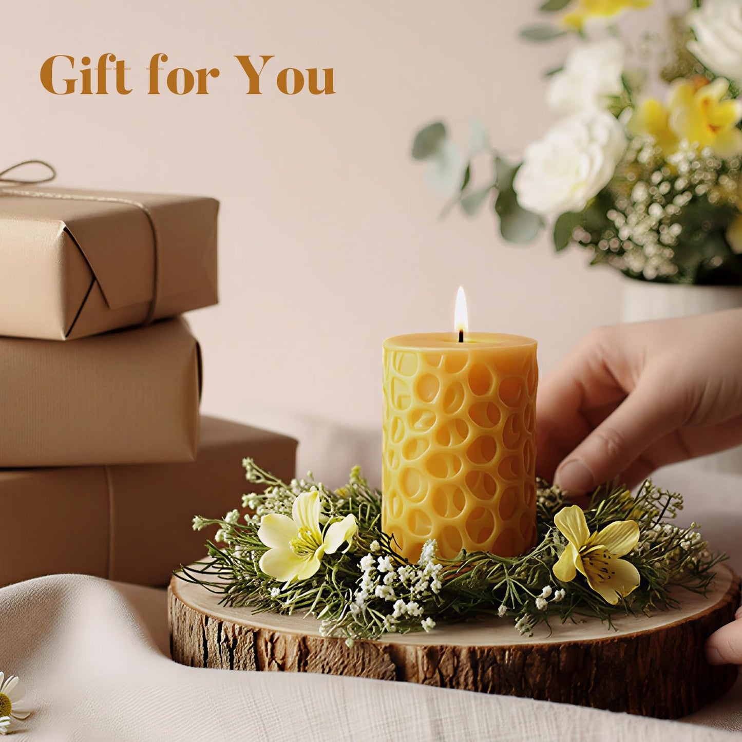 Ashlux Beeswax Pillar Candles 3x4 inch, 100% Pure Beeswax Candles-116 Hours Long Burning, Unscented and Dripless Pillar Candles Bulk for Christmas Lights,Wedding,Parties, Spas,Home Decorative