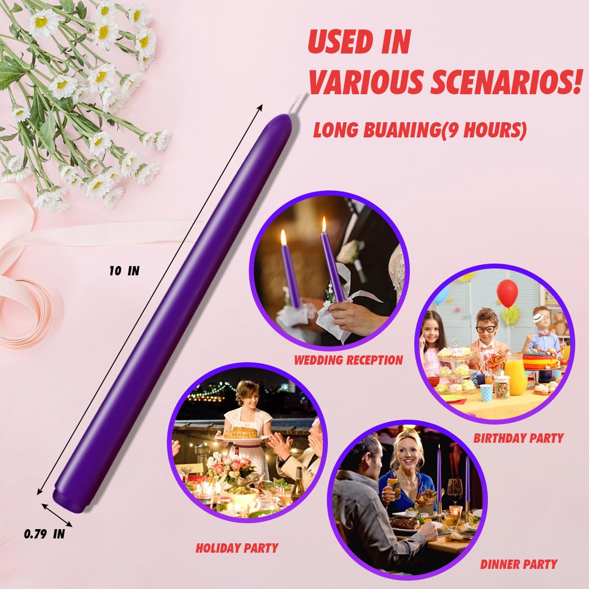 Taper Candles 10 inch (H) Dripless, Set of 20 Purple Unscented and Smokeless Taper Candles Long Burning, Paraffin Wax with Cotton Wicks for Burning 8 Hours Time