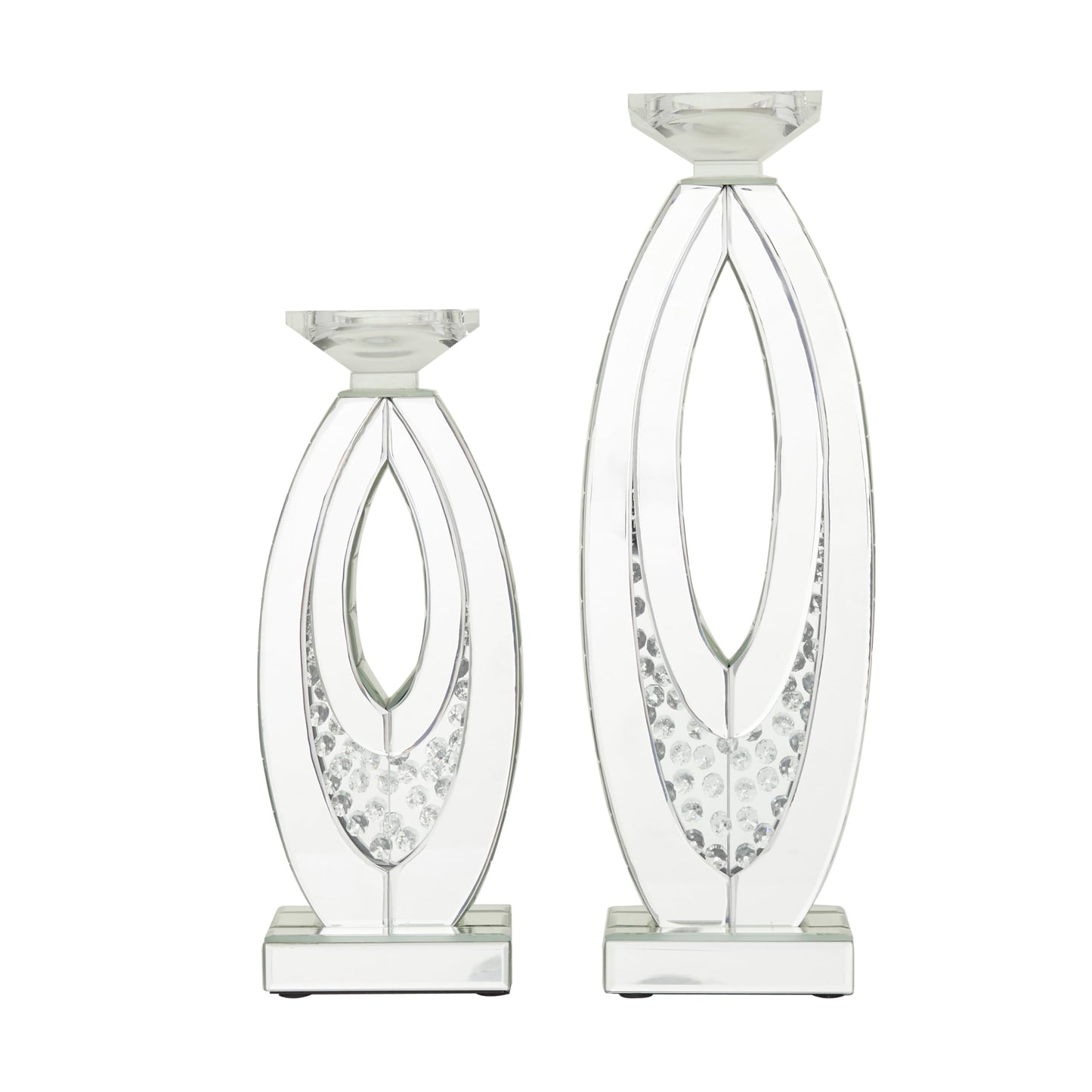Deco 79 Glass Decorative Candle Holder Pillar Candle Stand with Mirrored Accents and Crystals, Set of 2 Candlestick Holder 17", 13" H, Silver