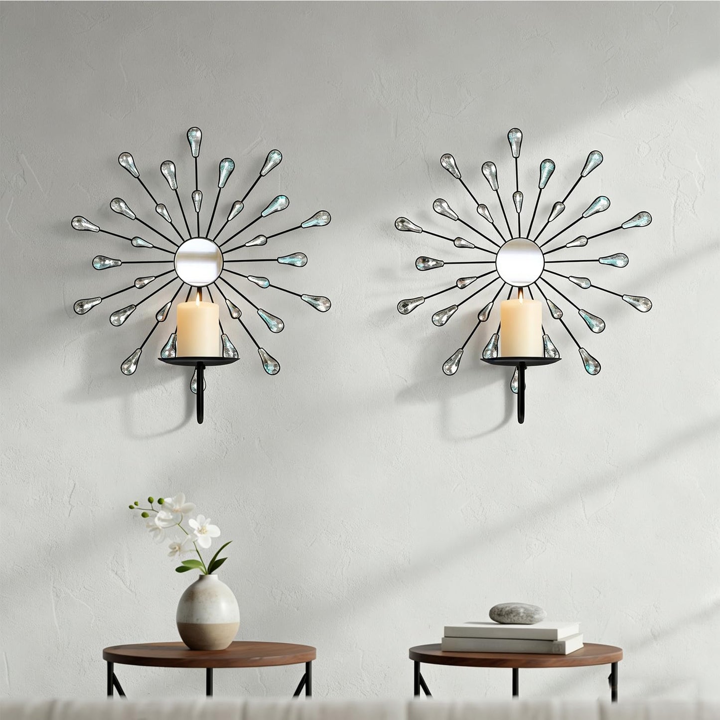 ZEXUIRU 2 Set Starburst Candle Sconces for Wall Decor Living Room Bedroom Dining Room Metal Bling, Crystal, Mirrored Modern Wall-Mounted Candle Sconce Holders Hanging Decor-Silver 13in