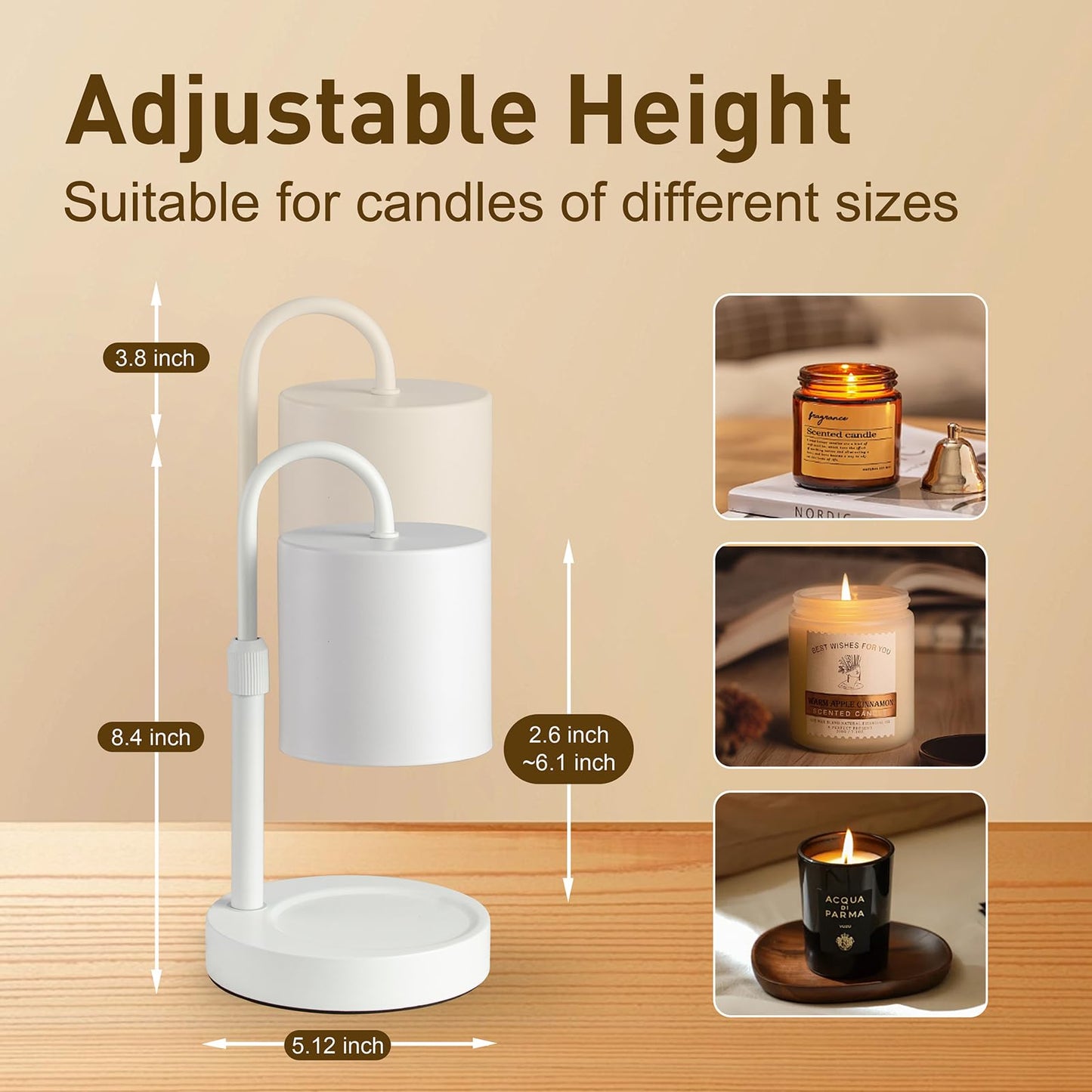 Briever Dimmable Candle Warmer Lamp with Timer, Height Adjustable Electric Candle Wax Warmer, Christmas Birthday Gifts for Women Mom, House Warming Gifts New Home Room Decor, White Solid Wood Base