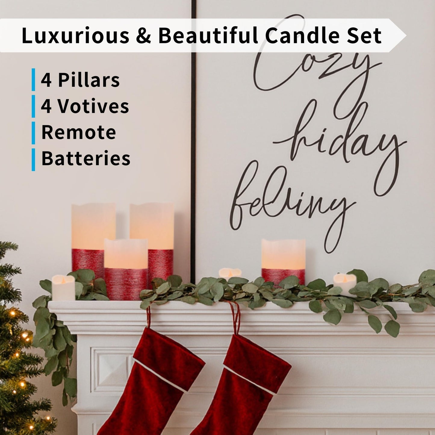 FURORA LIGHTING Red Trim Flameless Candles - Real Wax, Adjustable Brightness, Remote & Timer - 4 Pillars (3x4, 3x6) and 4 Votives, 8-Pack, Battery Operated