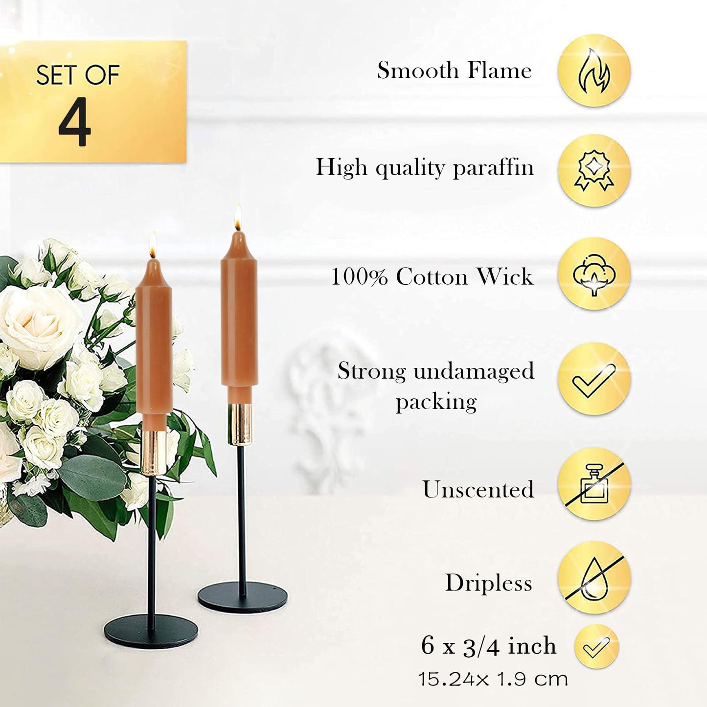 LPUSA Candlesticks Short Taper Candle Brown Candle Sticks Dripless Tapered Candles for Christmas Home Decor 6 inch Set of 4,Gradient Brown