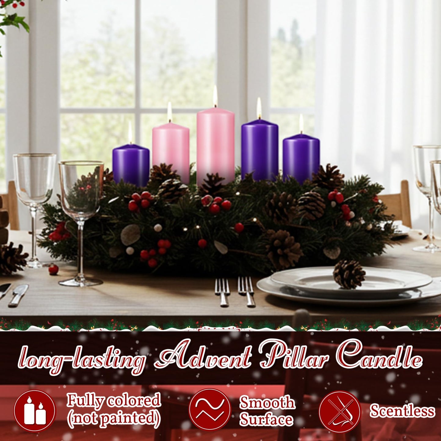 Amylove 8 Pcs 3 x 4 Inch Advent Pillar Candles Set Pink Purple Christmas Unscented Lasting Burning Church Candles for Advent Wreath Holiday Gifting