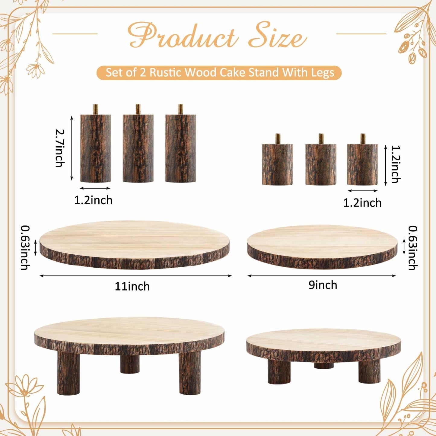 Roowest 2 Sets Wood Cake Stand, 9'' and 10'' Rustic Wooden Slice Boards Round Cake Holder for Party Wedding Birthday Event Farmhouse Dining Room Table Decor Centerpieces Home Decorations