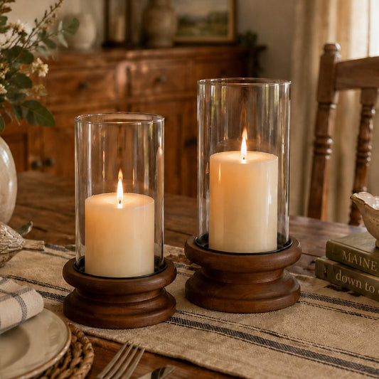 Hewory Hurricane Glass Candle Holder: 2PCS Rustic Brown Candle Holders for Pillar Candles, Vintage Decorative Wood Stand with Clear Glass Cover for Weddings Christmas Table Centerpiece Home Decor