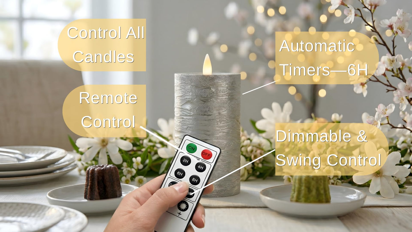 CozierGlow Shiny Metallic Silver Flameless Pillar Candles, Patented 3D Realistic Moving Flickering Flame with Remote Timer, Battery Operated 400hrs for Wedding, Holiday, Party, Decor, Gift(Set of 3)