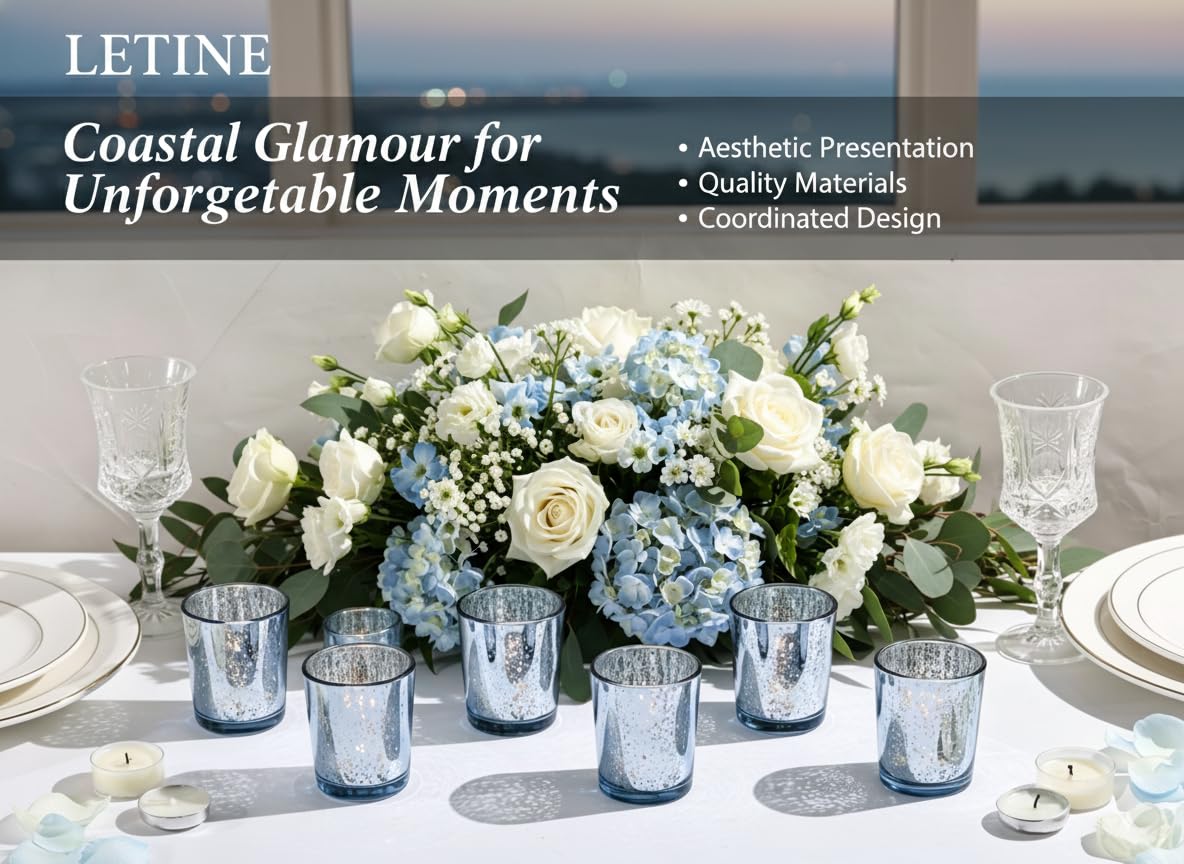 LETINE 48pcs Blue Votive Candle Holders – Glass Tea Light Candles Holder, Standard Votive Size for Regular Votive Candles – Bulk Candle Holder for Summer Weddings, Waterfront Venues, Home Decor