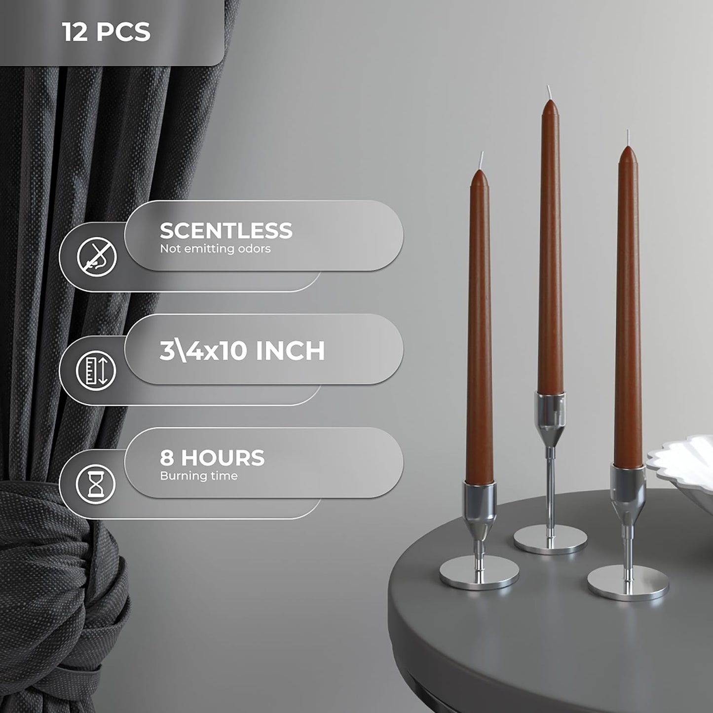 CANDWAX 10 inch Candlesticks - Set of 12 Dripless Tapered Candles - Brown Candles for Home Decor