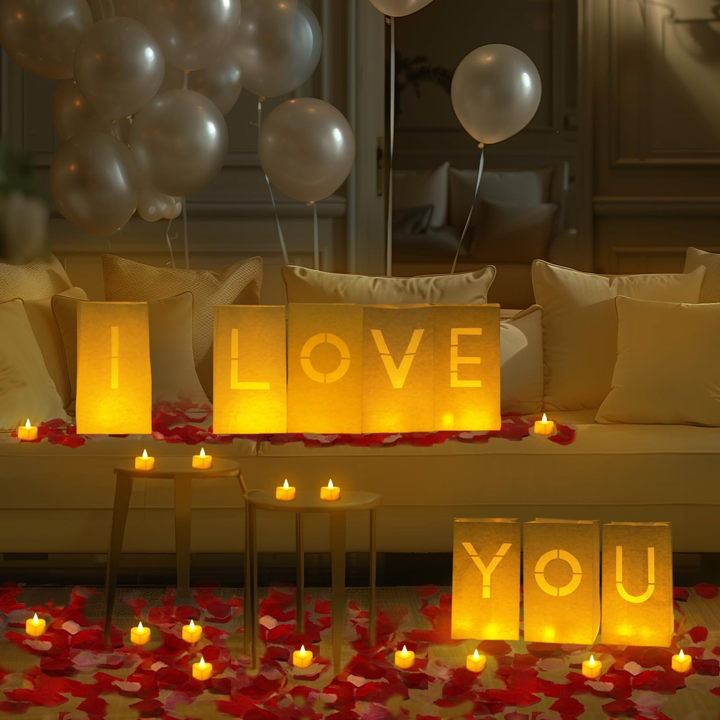 Homemory I Love You Light Up Letters Proposal Decorations with Flameless Candles and 2000 Fake Rose Petals, Valentine's Day Luminary Bags Romantic Decorations Special Night for Wedding Anniversary