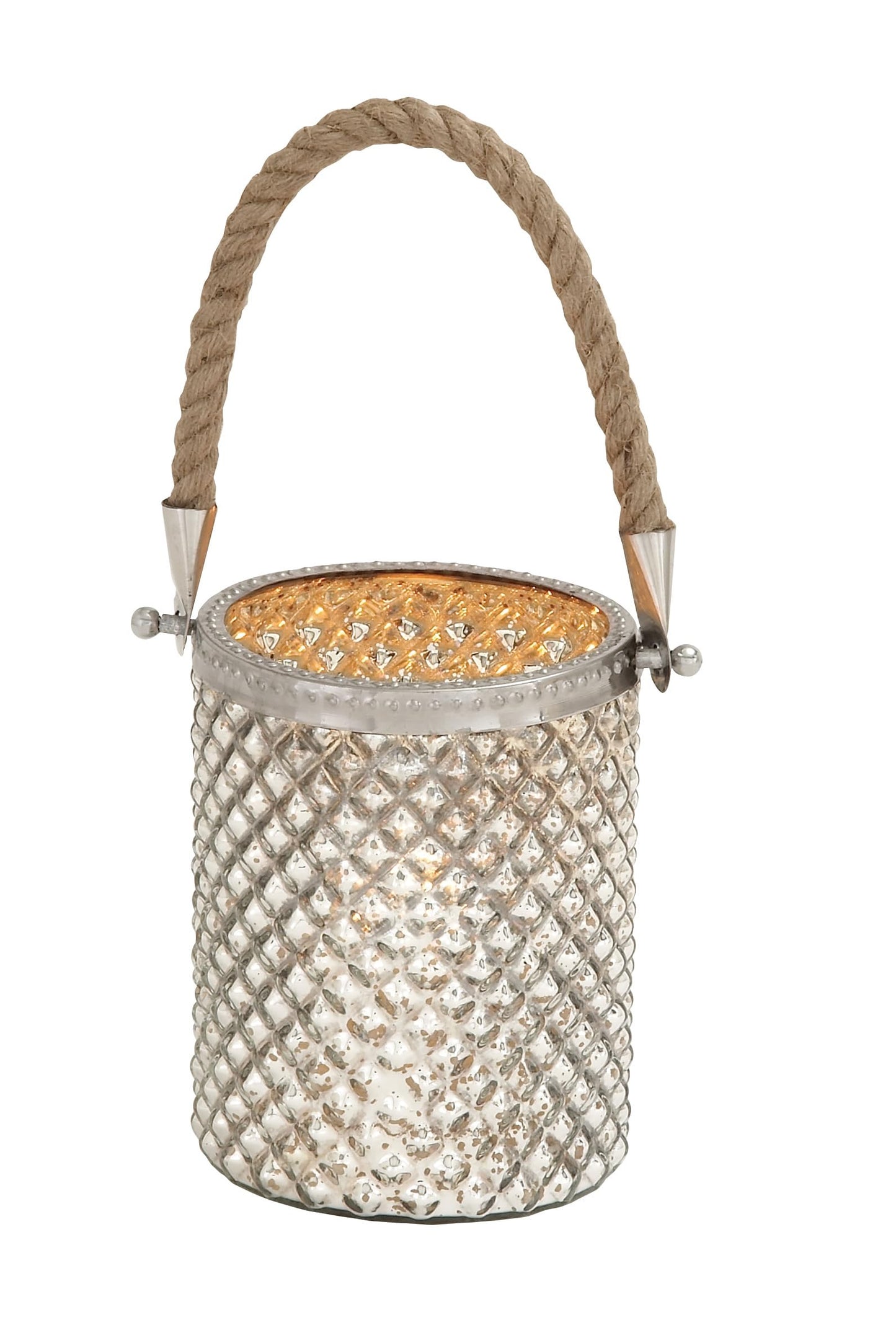 Deco 79 Glass Handmade Indoor Outdoor Candle Lantern Decorative Lantern Candle Holder with Rope Handle, Lantern 5" x 5" x 13", Silver