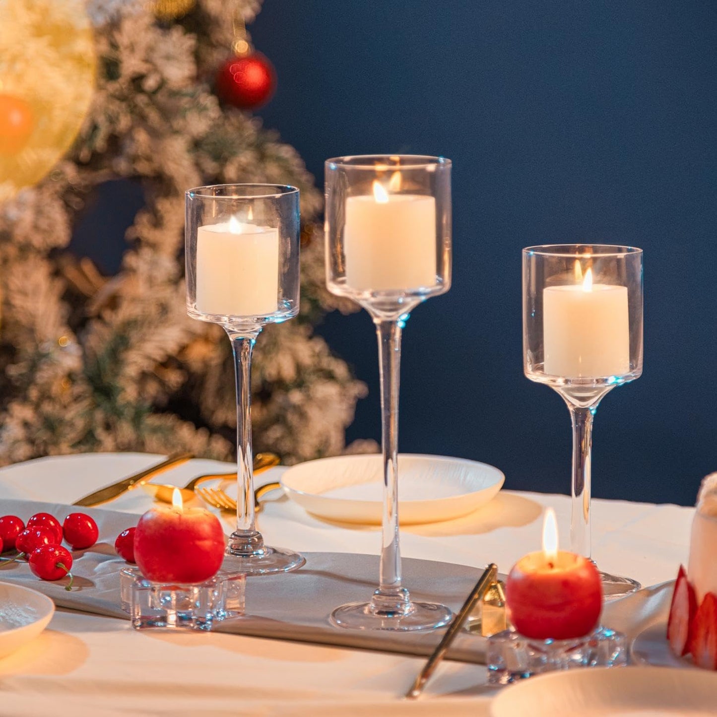 Glass Candleholders Tea Light Candle Holders Clear Wedding Weddings Hurricane Tall Elegant Ideal for Dining Party Home Decor Parties Table Settings Gifts Different Sizes (10 Sets Small Clear)