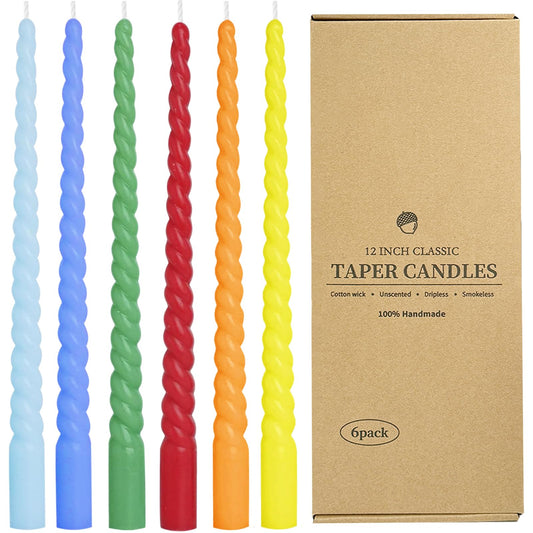 12 Inch Spiral Taper Candles, Smokeless Dripless Long Candles – Unscented Decorative Dinner Candles for Home, Wedding, Party, Table Decor, and Holiday Celebrations (6-Pack Assorted Colors B)