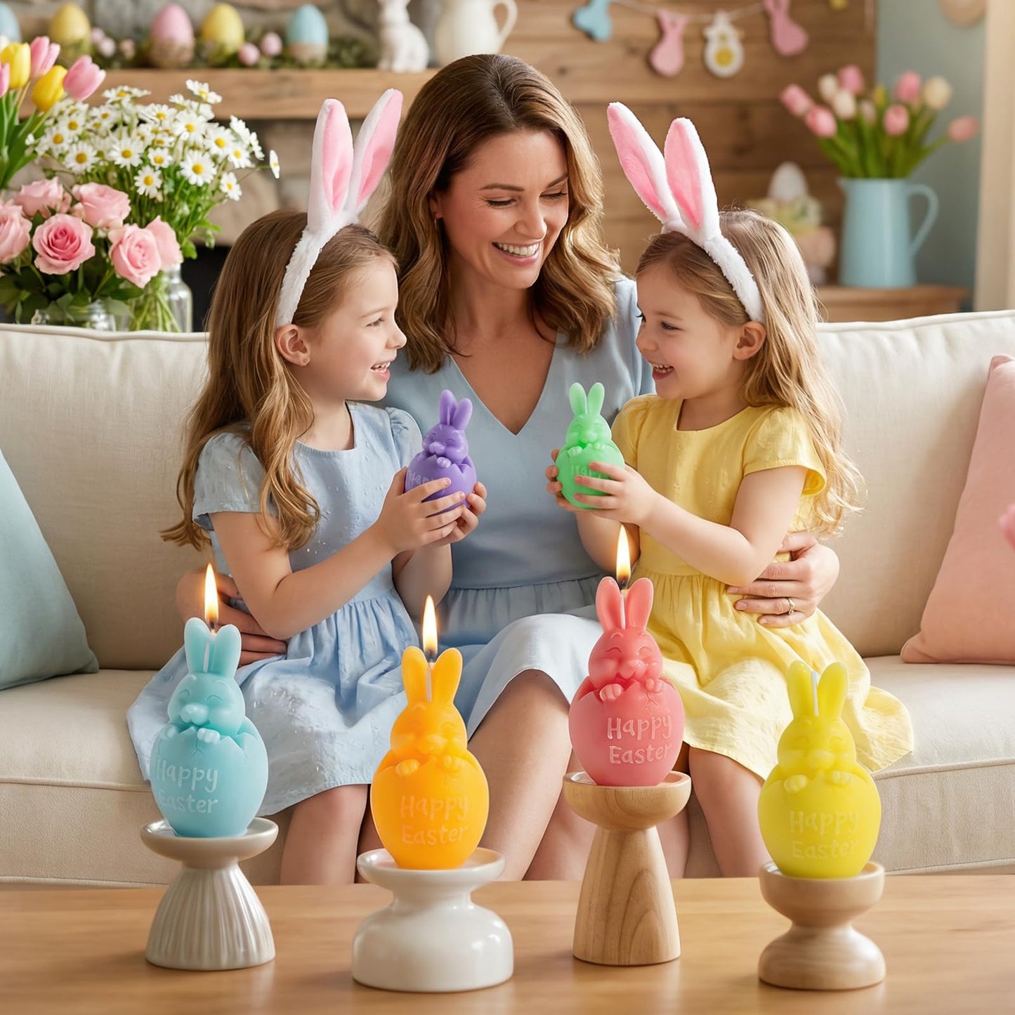 Lanpn 6 Pcs Easter Bunny Candles Gift Set, Mini Rabbit Shaped Votive Tea Lights, Easter Flower & Fruit Scented Candles, Each 4.4 oz, Spring Party Holiday Decor Home Table Centerpiece, Macaron Color