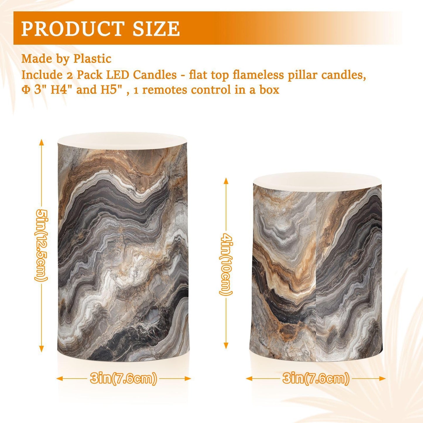 ZRYSMY Abstract Brown Gray Marble Flameless LED Candles with Remote - Set of 2, 3 Inch Battery-Operated Flickering Pillar Candles with Timer, No Batteries Included