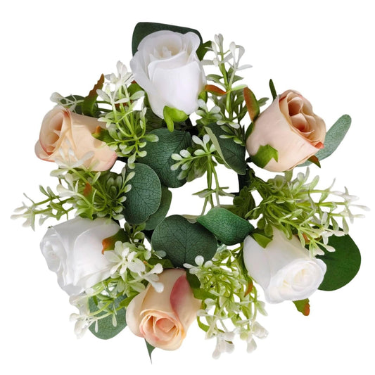 X psblty 2-Pack Artificial Eucalyptus Candle HolderWreath - Vintage Wax Ring withRose Decor for Easter, Halloween, Christmas, Home Table, Garden Party Centerpiece(Champagne White 20CM)