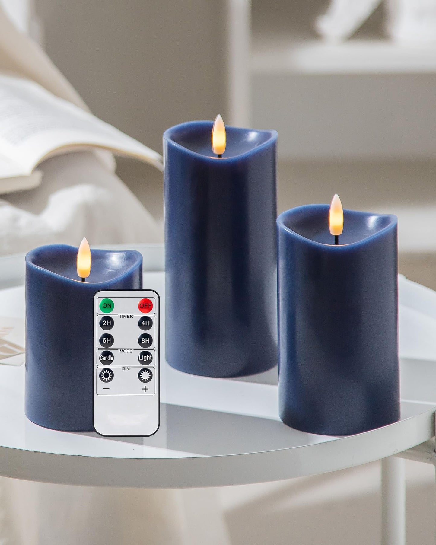 Velsyn Navy Blue Flameless Candles with Remote and Timer, Real Wax Made LED Pillar Candles Battery Operated with 3D Flickering Flame Melted Top, 3" x 4",5",6", Navy Blue Decor, Set of 3