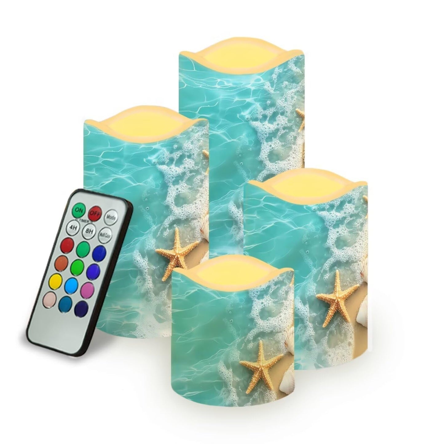 Cozeyat Beach Wave Flameless Candles Set of 4 Battery Powered LED with Remote Timer Flickering for Home Garden Table Beach Decoration