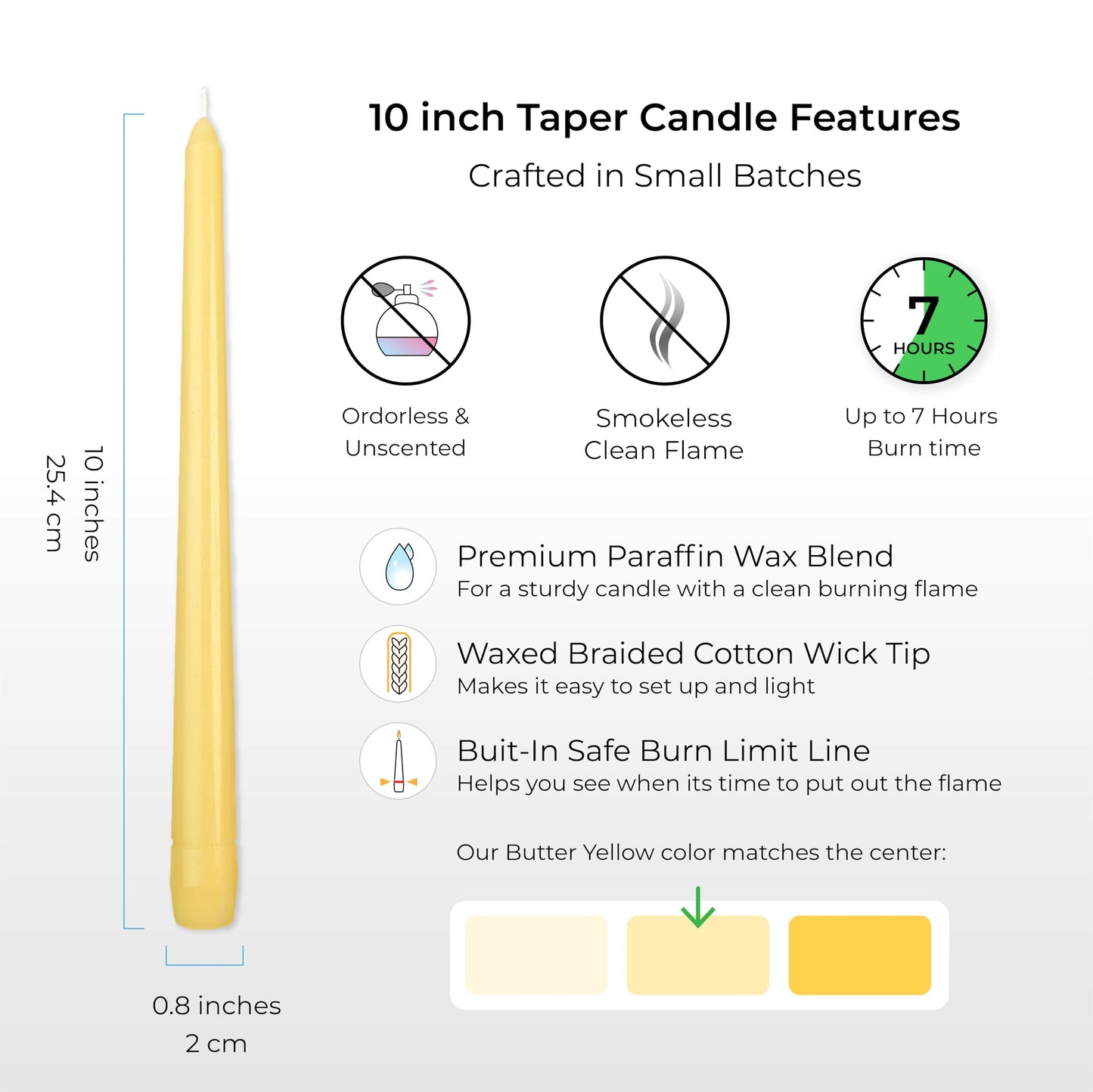 Butter Yellow Taper Candles 10 Inch, 12 Pack - Unscented Dripless Dinner Candles, 7 Hour Burn Time, Premium Solid Wax Candlesticks for Weddings, Parties, Events & Home Decor. Dripless Candlesticks