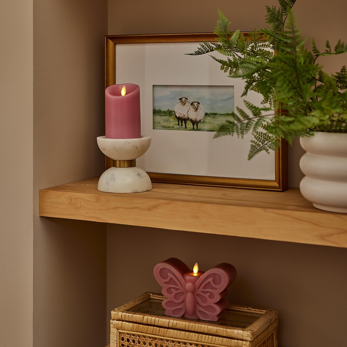 Luminara - Flameless Flickering Moving Flame Nature-Inspired Battery Operated LED Décor - Spring Summer Collection - Blooming Mauve Butterfly Garden Candle - 6.6” x 4.3”