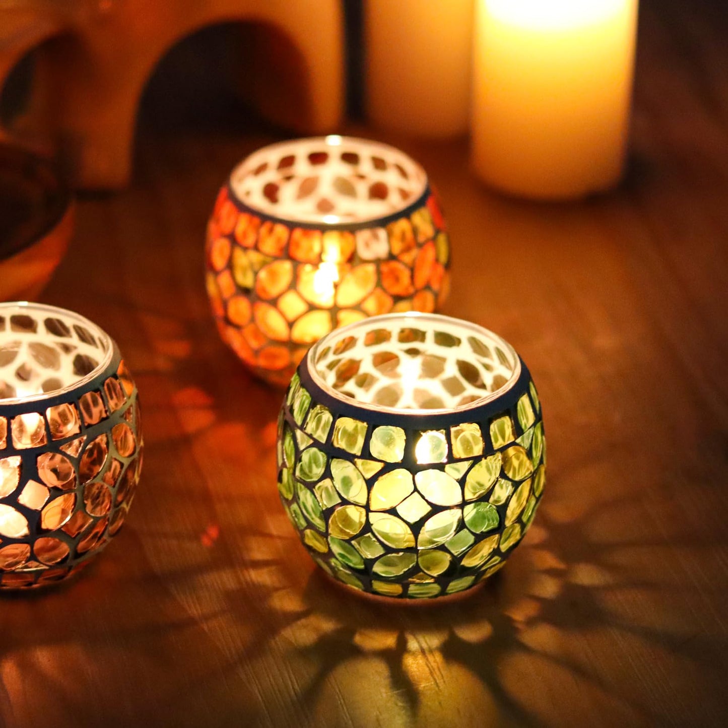 SHMILMH Mosaic Candle Holders Set of 4, Handmade Glass Tealight Votive Holders, Fall Thanksgiving Diwali Decor, Autumn Wedding Party Table Centerpiece, Brown Orange Green