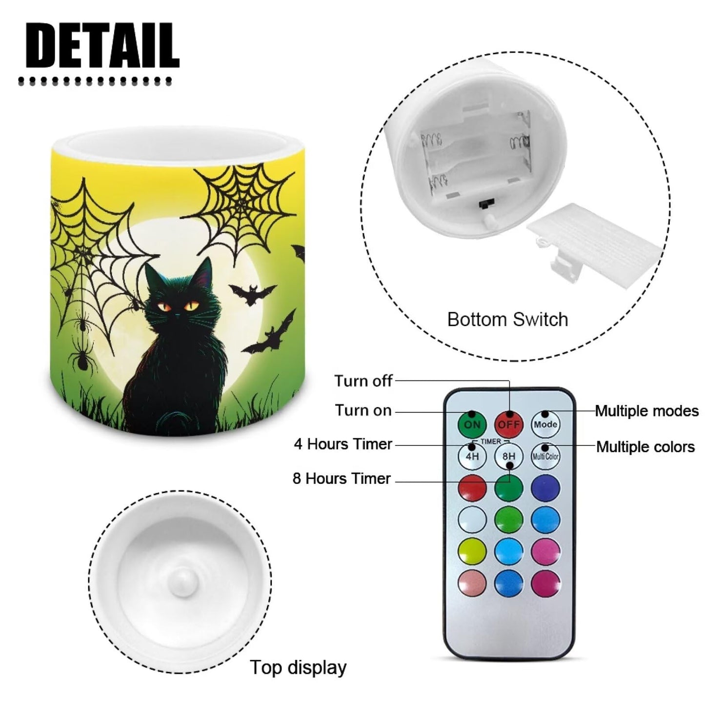 Merkmak Flameless Candles with Remote Battery Operated Candles with Timer Halloween Spider Web Black Cat Pumpkin Print Flameless Pillar Tea Lights for Party Home Decorations