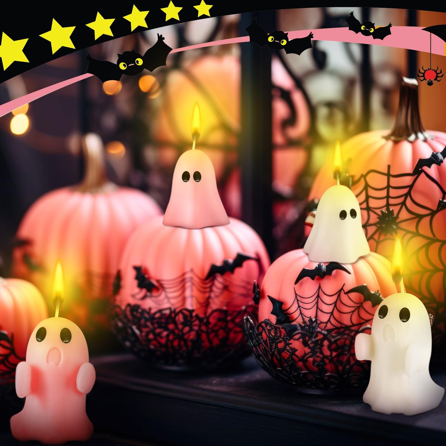 Minatee 4 Pieces Large Pink Halloween Ghost Candles Cute Pastel Spooky Goth Decor Burning Scented Wax Candles Gifts for Boo Basket Stuffers Halloween Room Table Indoor Decorations, 2 Style