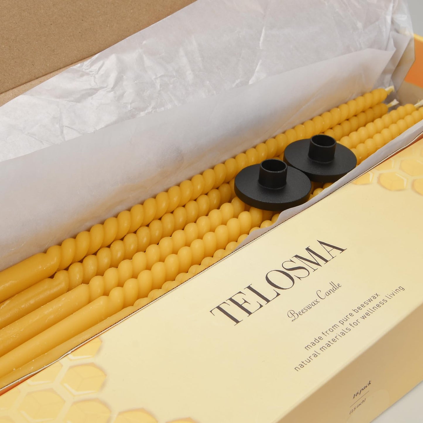 16 Pack 15-Inch Slim Beeswax Taper Candles（ 1/2 Inch ） with 2 Holders - Natural Drippless Spiral Thin Church Candle 0.5 inch Diameter, Yellow