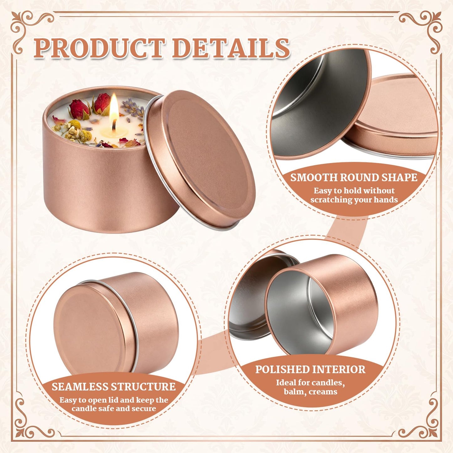 Suclain 50 Pack 4oz Rose Gold Candle Jars Bulk, Mini Empty Candle Tins with Lid for Making Candles, Candy Tins for Wedding, Candles Containers for Wedding Party DIY Crafts, Sample Storage