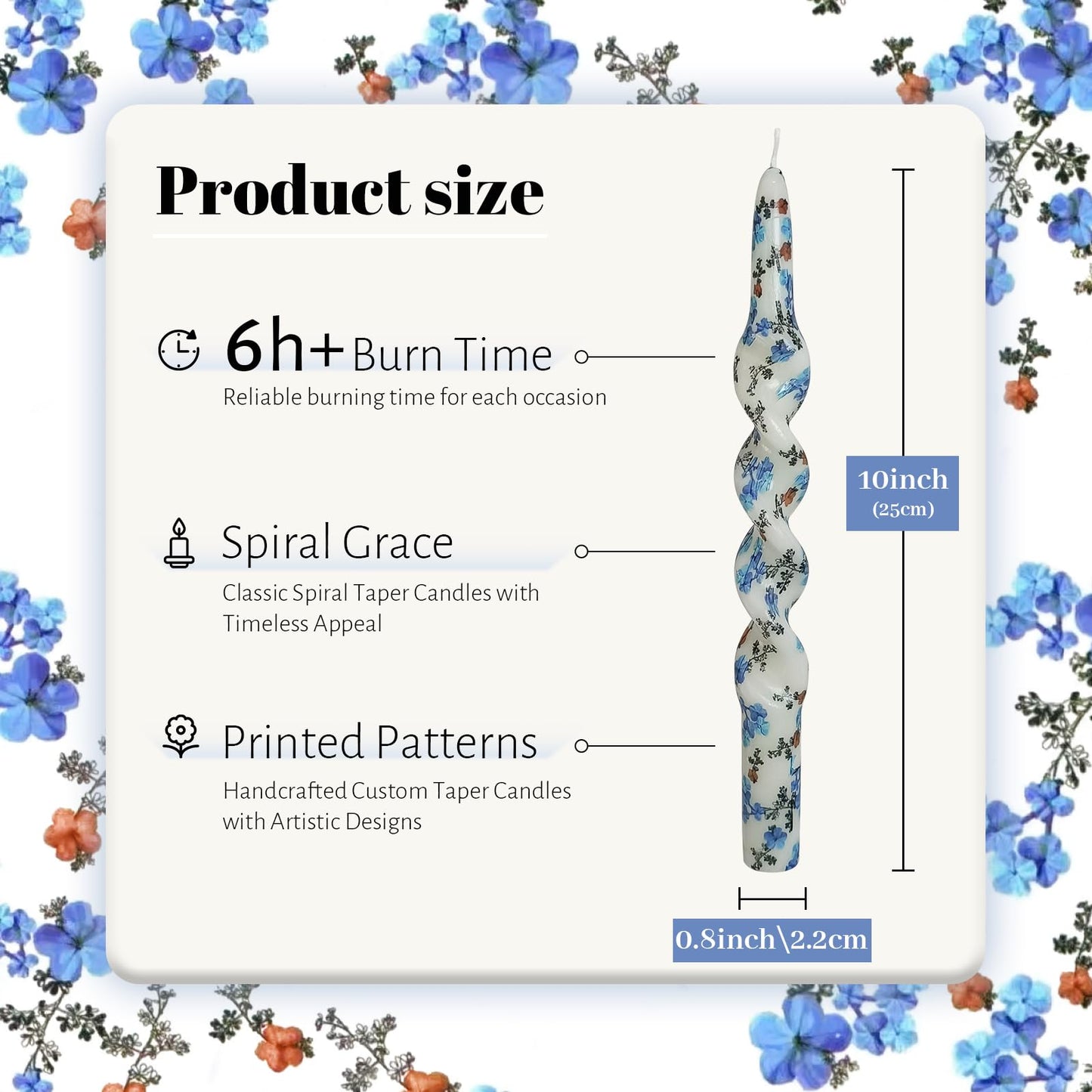 Unscented Floral Spiral Taper Candle Lavender Printed 10 Inch Long Burning Twisted Candle for Home Dinner Decor Gifts,2Pcs
