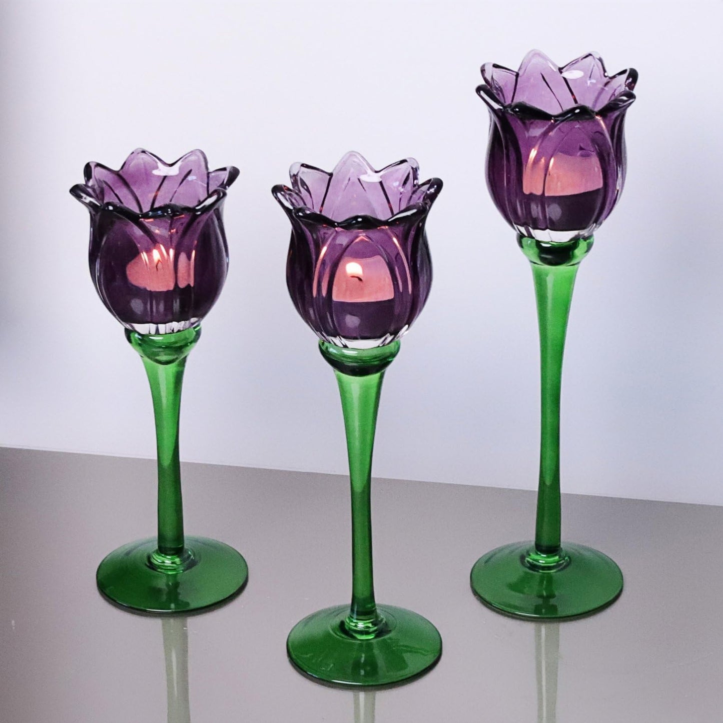 VOHO Purple Tulip Tealight Candle Holder Set of 3, Glass, Purple, Floral, Holidays, Wedding, Romance, Easter, Halloween, Thanksgiving, Christmas, Anniversary & Engagement, Tabletop, 3.15'' x 10.83''