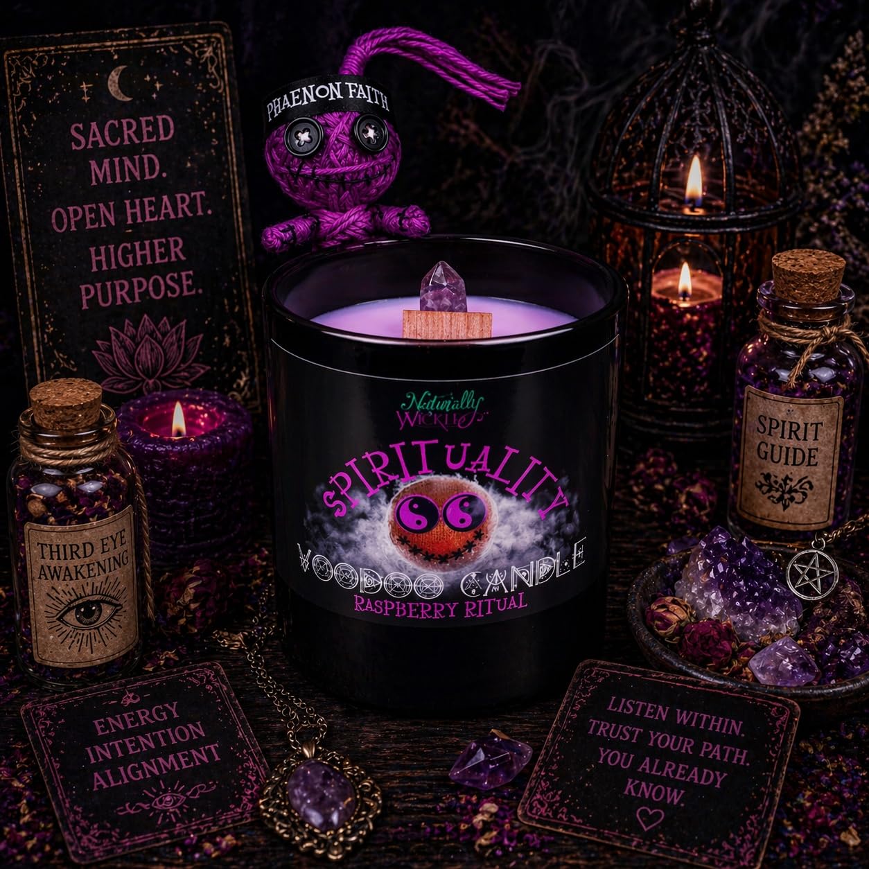 Naturally Wicked Voodoo Spirituality Candle Set - Inc. Voodoo Doll, Crystal, Wood Wick, Raspberry Ritual Scent & Gift Box