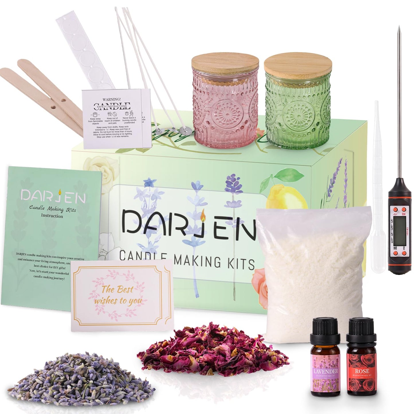 DARJEN Candle Making Kits for Adults- Soy Candle Making Supplies with 2 Candle Jars(Green, Pink), Wax, Scents, Card & More, DIY Starter Candle Making Kit, Full Set DIY Arts & Crafts Gift