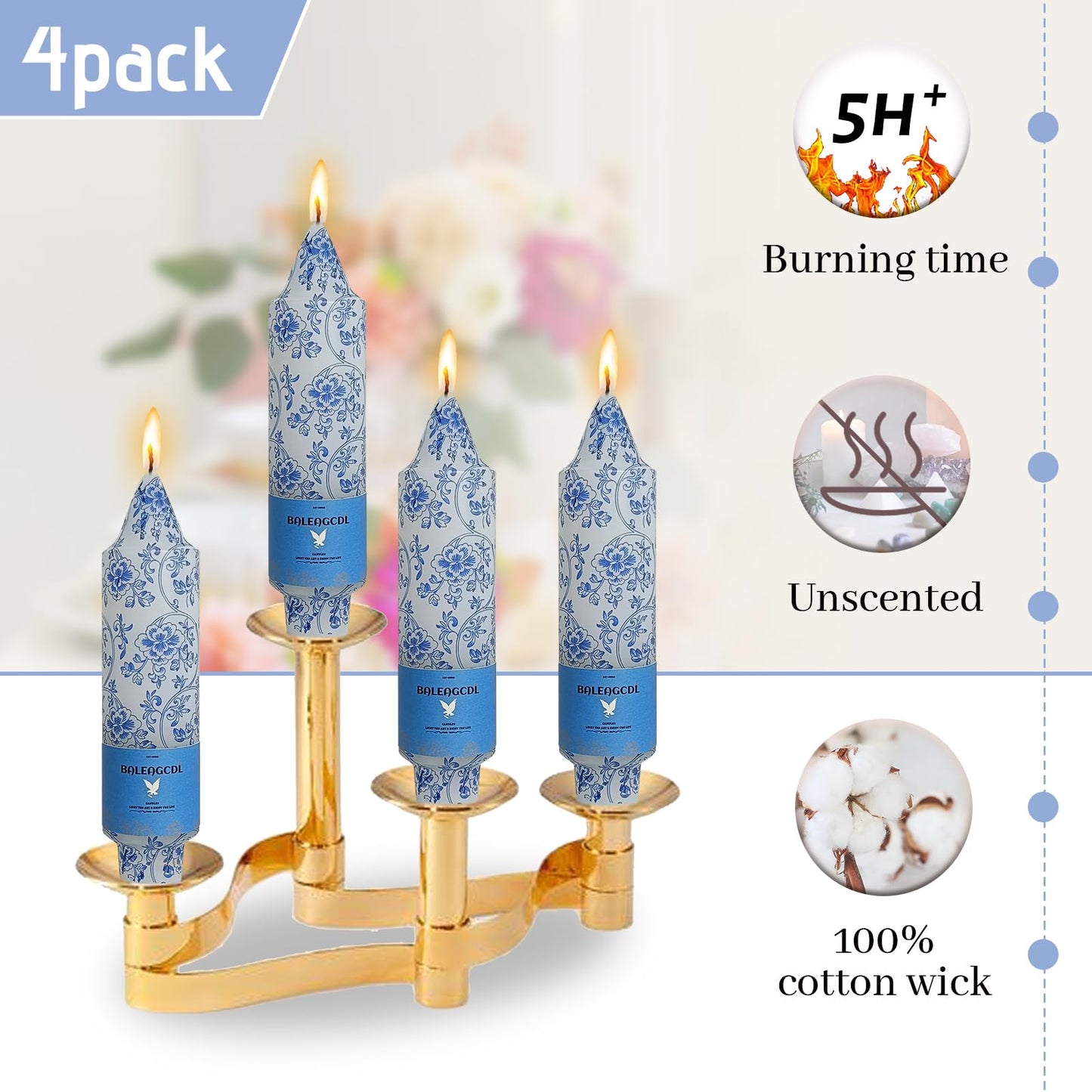 Floral Taper Candle Handmade Unscented Candlesticks 5 Inch Short Candle Sticks Blue Flower Print Tapered Candles for Home Party Wedding Decor & Gifts Set of 4